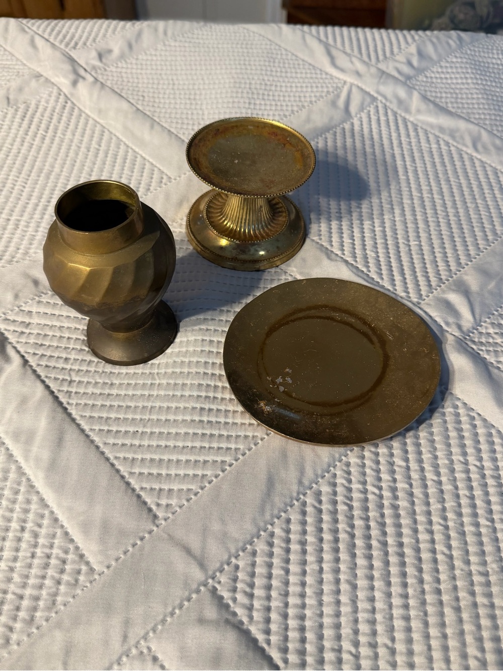 Brass Home Accents - Gold Decorative Vase, Candle Pedestal & Plate